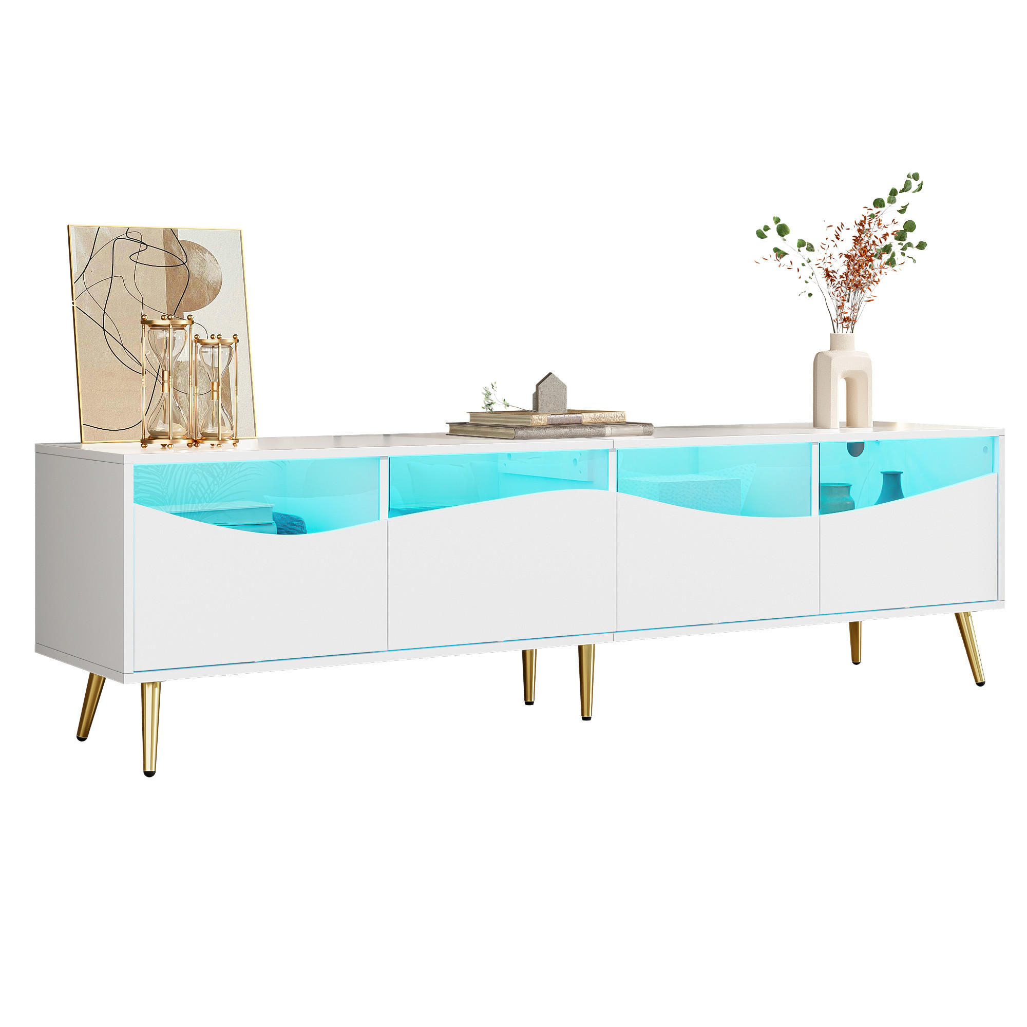 TV-SCHRANK 180/40/50 cm weiß MDF mit LED-Beleuchtung, Glasfront und goldenen Metallfüßen - Weiß, Holzwerkstoff (180/50/40cm) - OKWISH