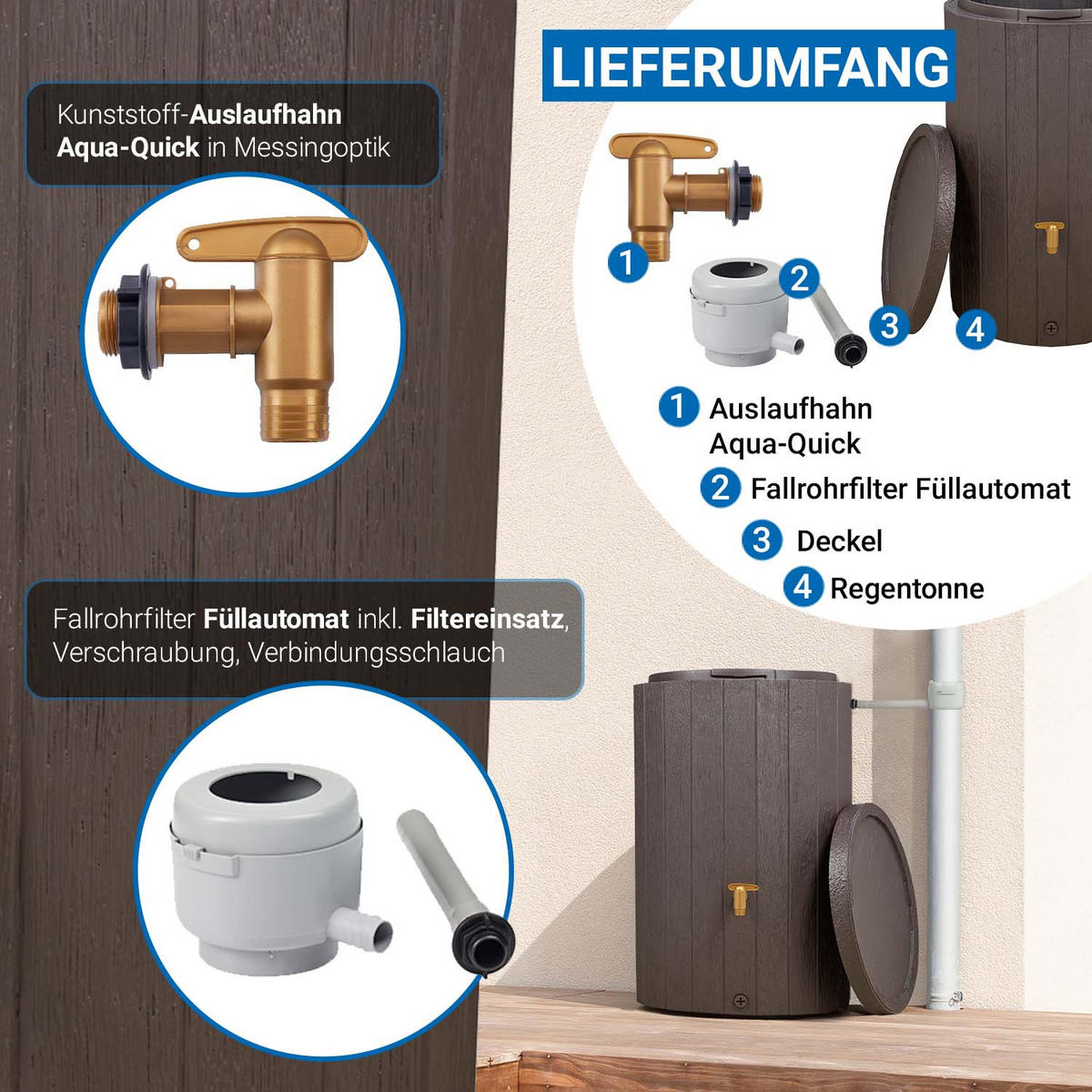 REGENTONNEN Komplett-Set 220 L braun inkl. Kunststoff-Auslaufhahn und Fallrohranschluss - Braun, Kunststoff (57/93/59cm) - 4rain