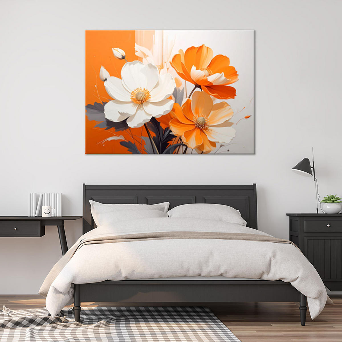 LEINWANDBILDER, Weiße und orangefarbene Blüten auf einem leuchtend orangefarbenen Hintergrund - Orange, Textil (60/40cm) - Feeby