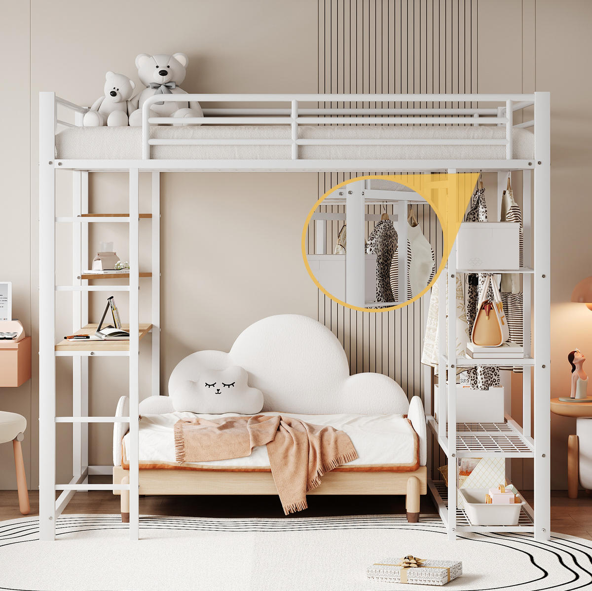 HOCHBETT 90/200 cm Weiß aus Metall mit Schreibtisch und Kleiderstange - Weiß, Metall (90/200cm) - OKMYHOME