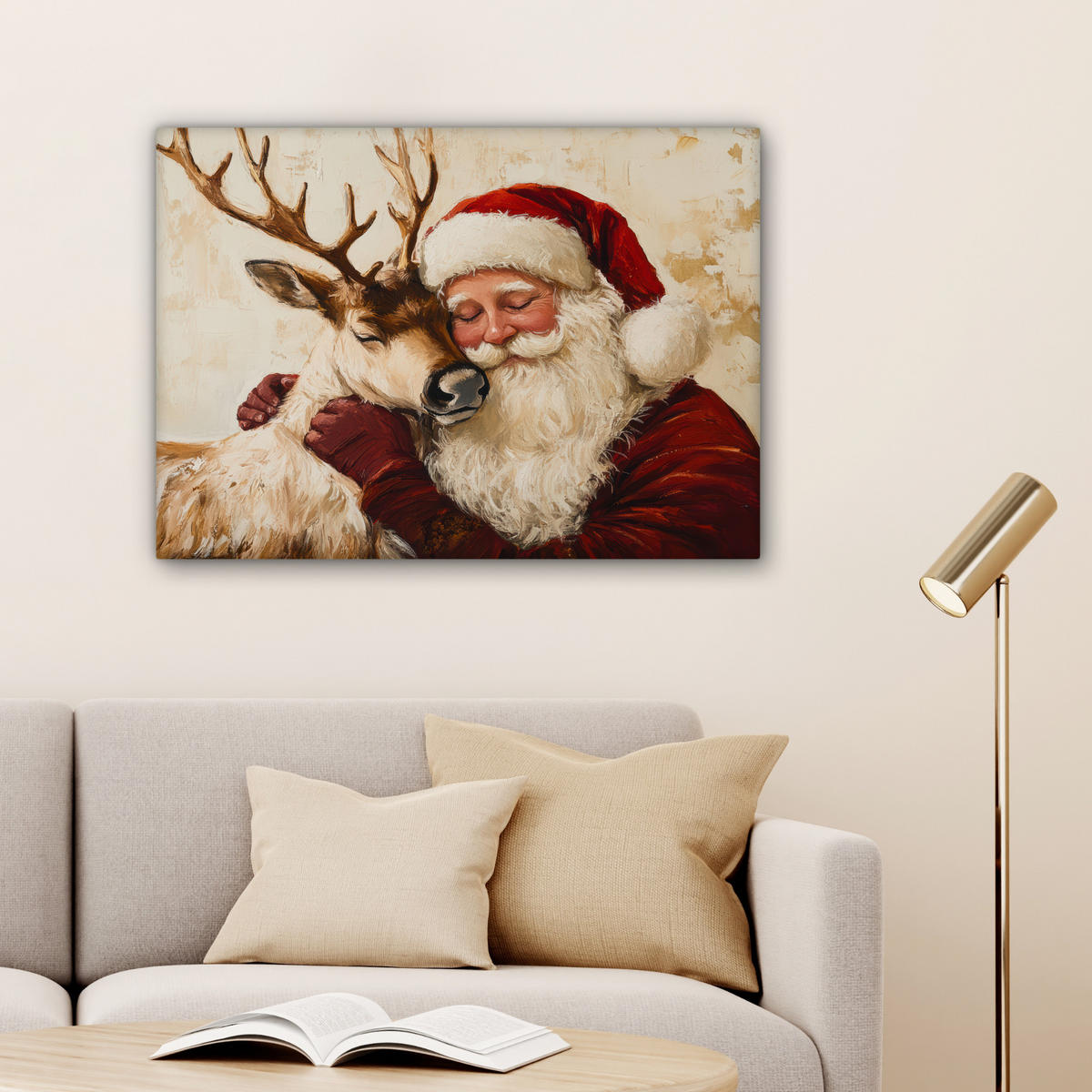 LEINWANDBILD Weihnachtsmann - Rentier - Weihnachten Wandbilder 80x60 cm - Rotbraun, Textil (80/60cm) - MuchoWow