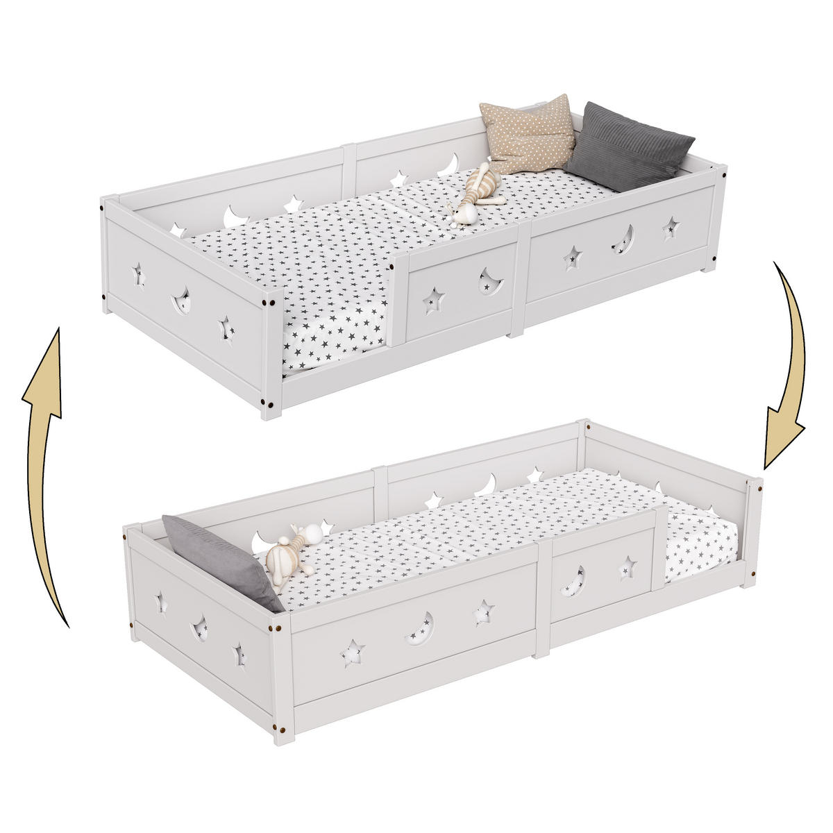 KINDERBETT 90x200 cm Massivholz Lattenrost Stern Mond weiß - Weiß, Holz (90/200cm) - LEBENLANG