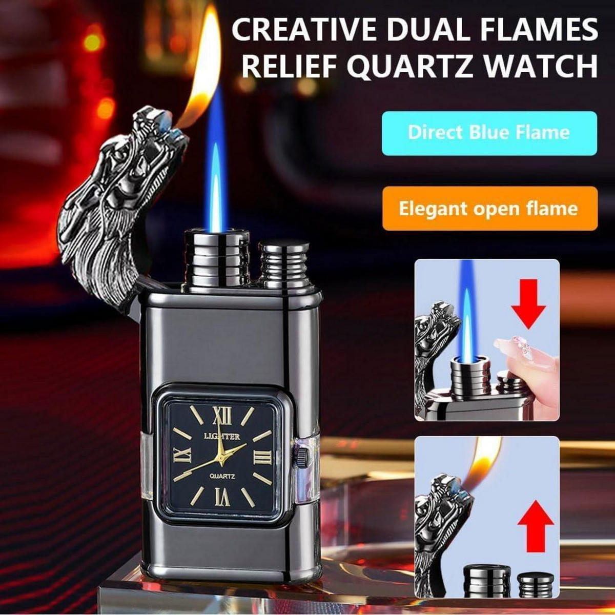 FEUERZEUG mit Uhr Drachen-Design nachfüllbar winddicht - Schwarz, Metall (3/1.8/7.6cm)