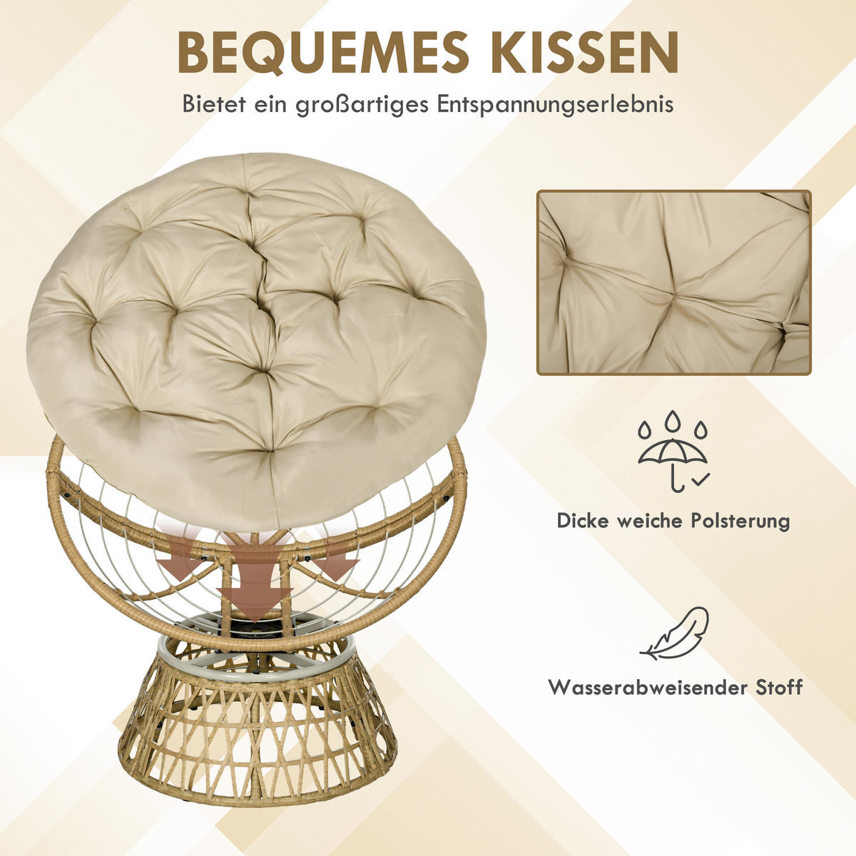 PAPASANSESSEL mit Polster 360 Grad Verstellbare Fußstütze 85 x 70 x 82 cm Khaki - Braun, Kunststoff (85/82/70cm) - Outsunny