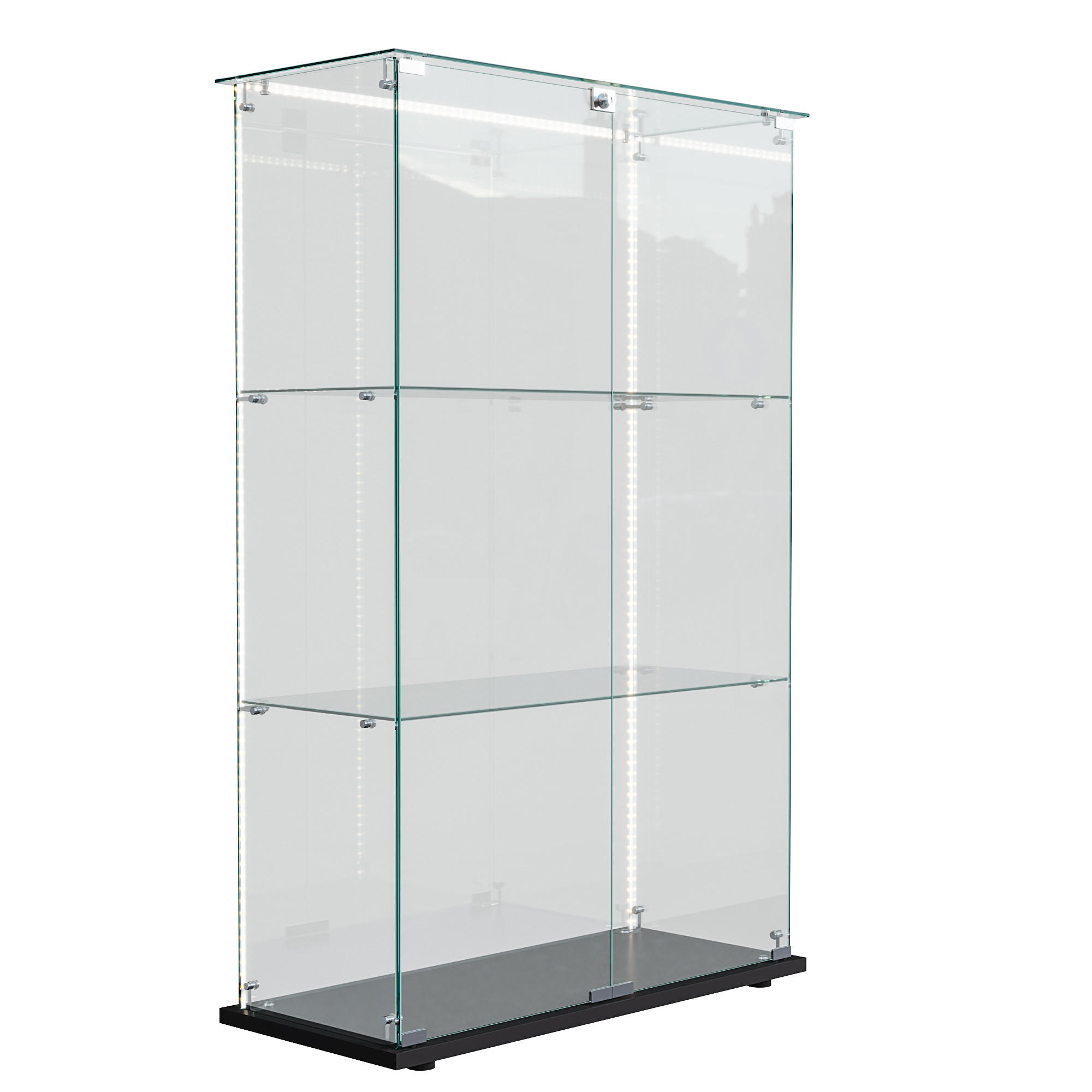 GLASVITRINE, stehend mit 3 Einlegeböden, LED-Lichtleiste, Doppeltür mit Sicherheitsschloss in Schwarz - Schwarz, Glas (35/123.3/78.5cm) - BRILVERDE