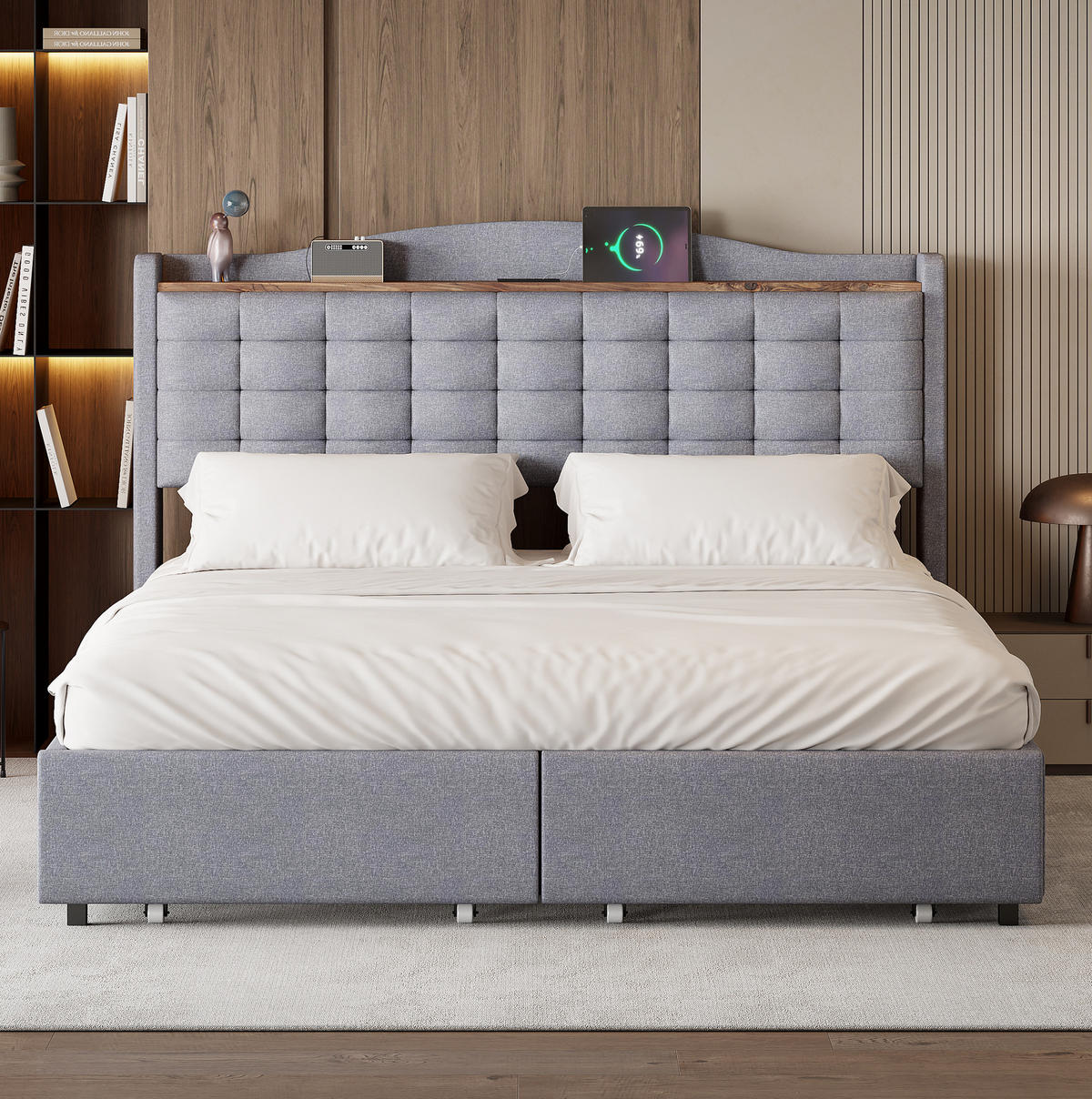 POLSTERBETT mit USB und 4 Schubladen 160x200 cm Grau - Grau, Metall (160/200cm) - Meubliv