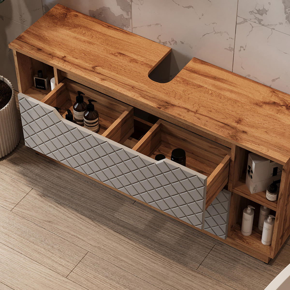 DOLNÍ SKŘÍŇKA POD DŘEZ Lotta Dub/šedá se strukturou dlaždic - šedá/barva dubu, kompozitní dřevo (119.2/62.5/32cm) - Vicco