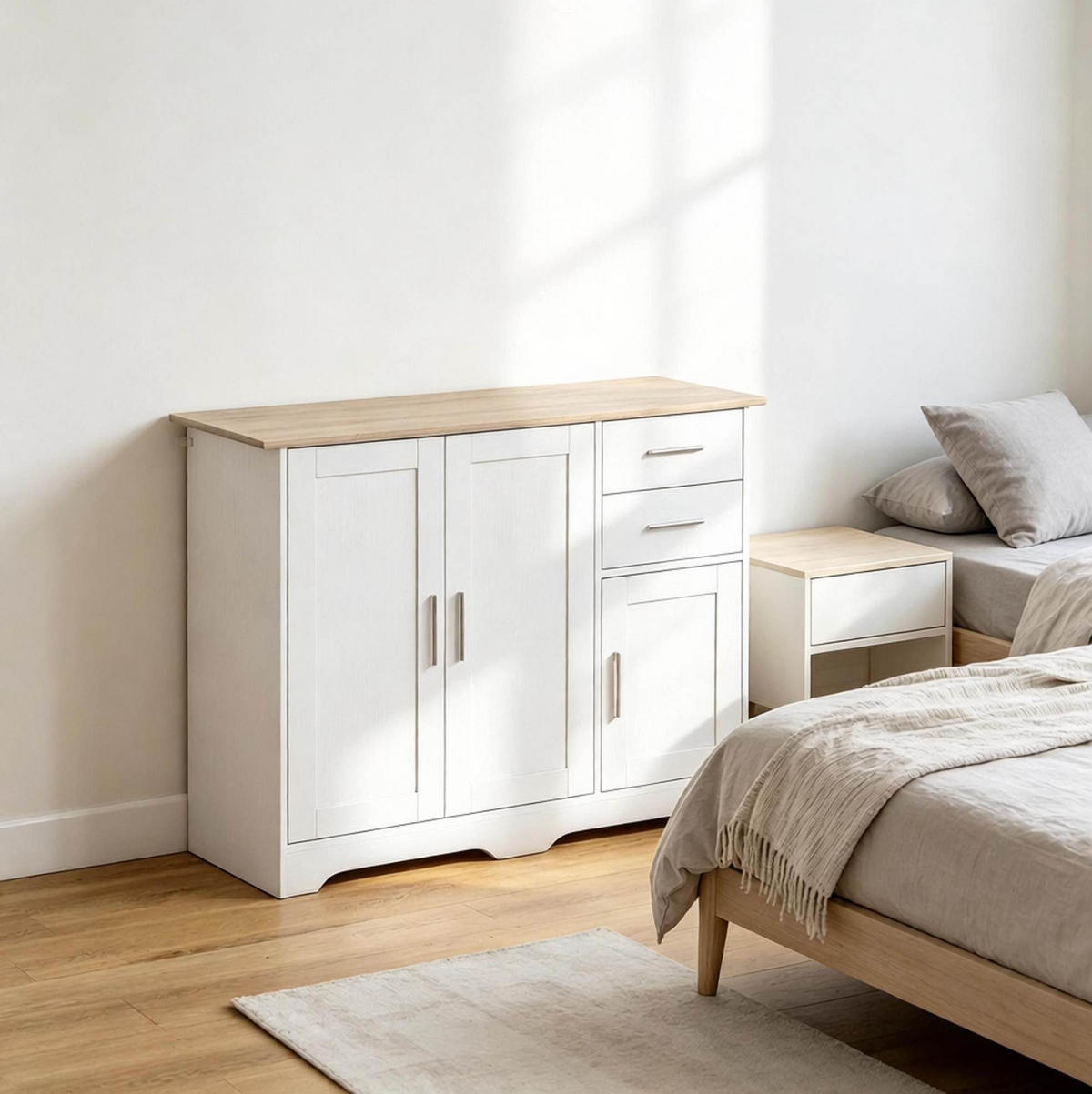 WOHNZIMMERSCHRANK in Weiß und Naturholz-Optik 100x40x78 cm mit 2 Türen und 2 Schubladen - Weiß, Holzwerkstoff (40/78/100cm) - IVMEU