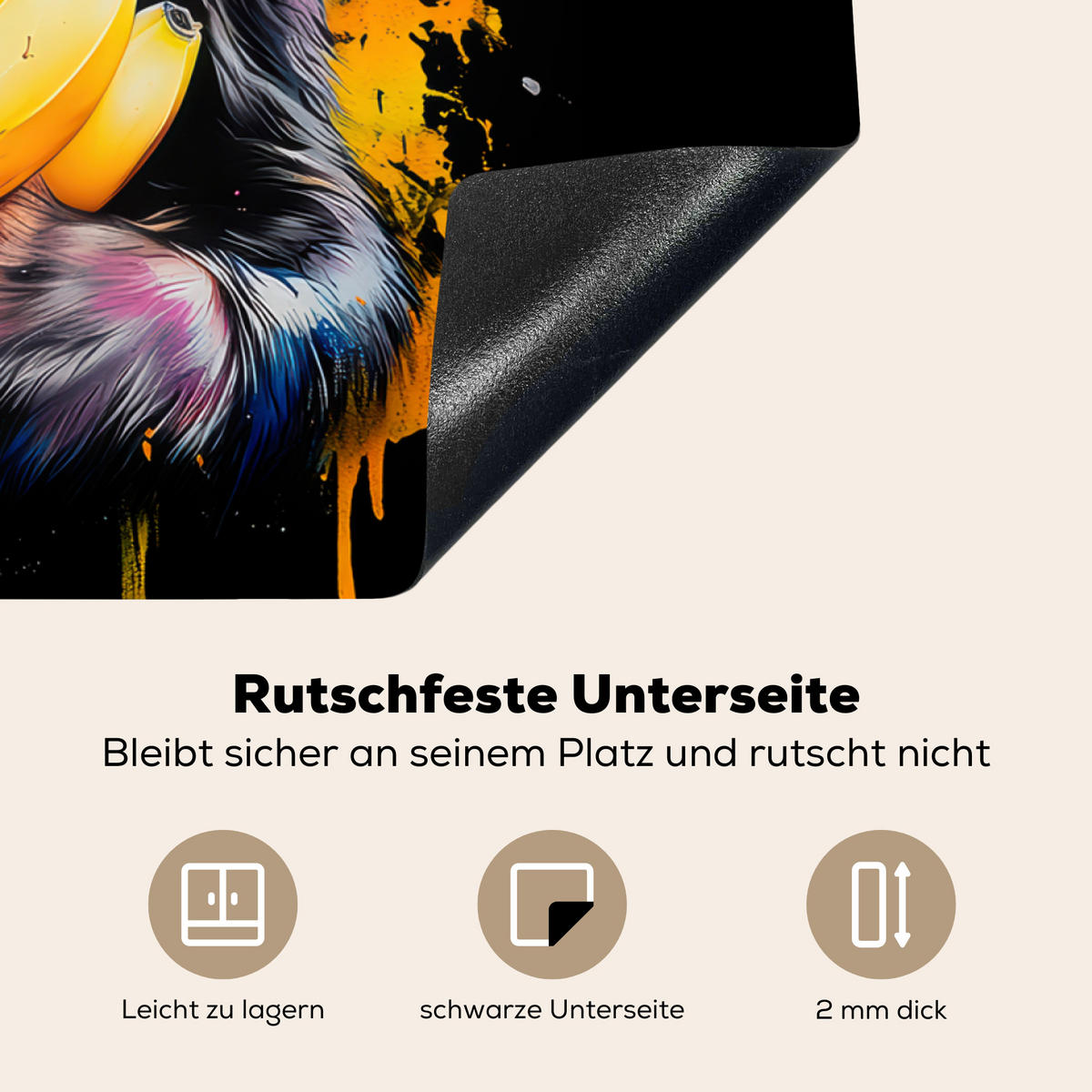 HERDABDECKPLATTE Affe - Graffiti - Farbenfroh - Bananen - Modern 77x59 cm - Gelb, Kunststoff (77/59/0.2cm) - MuchoWow