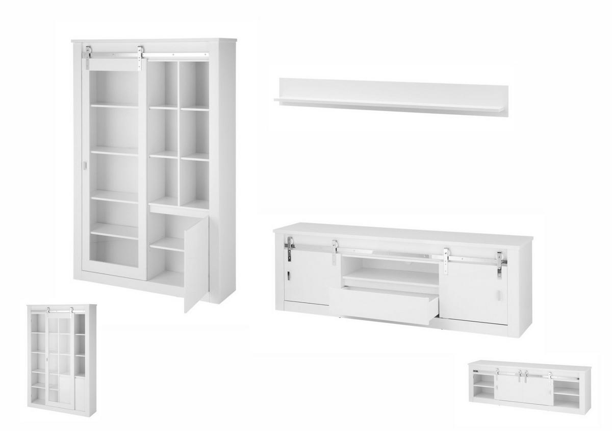 WOHNWAND weiß Hochglanz 349 cm 3-teilig, Wohnkombination mit Soft-Close - Chromfarben/Weiß Hochglanz, Glas/Holzwerkstoff (349/201/43cm) - Furn.Design