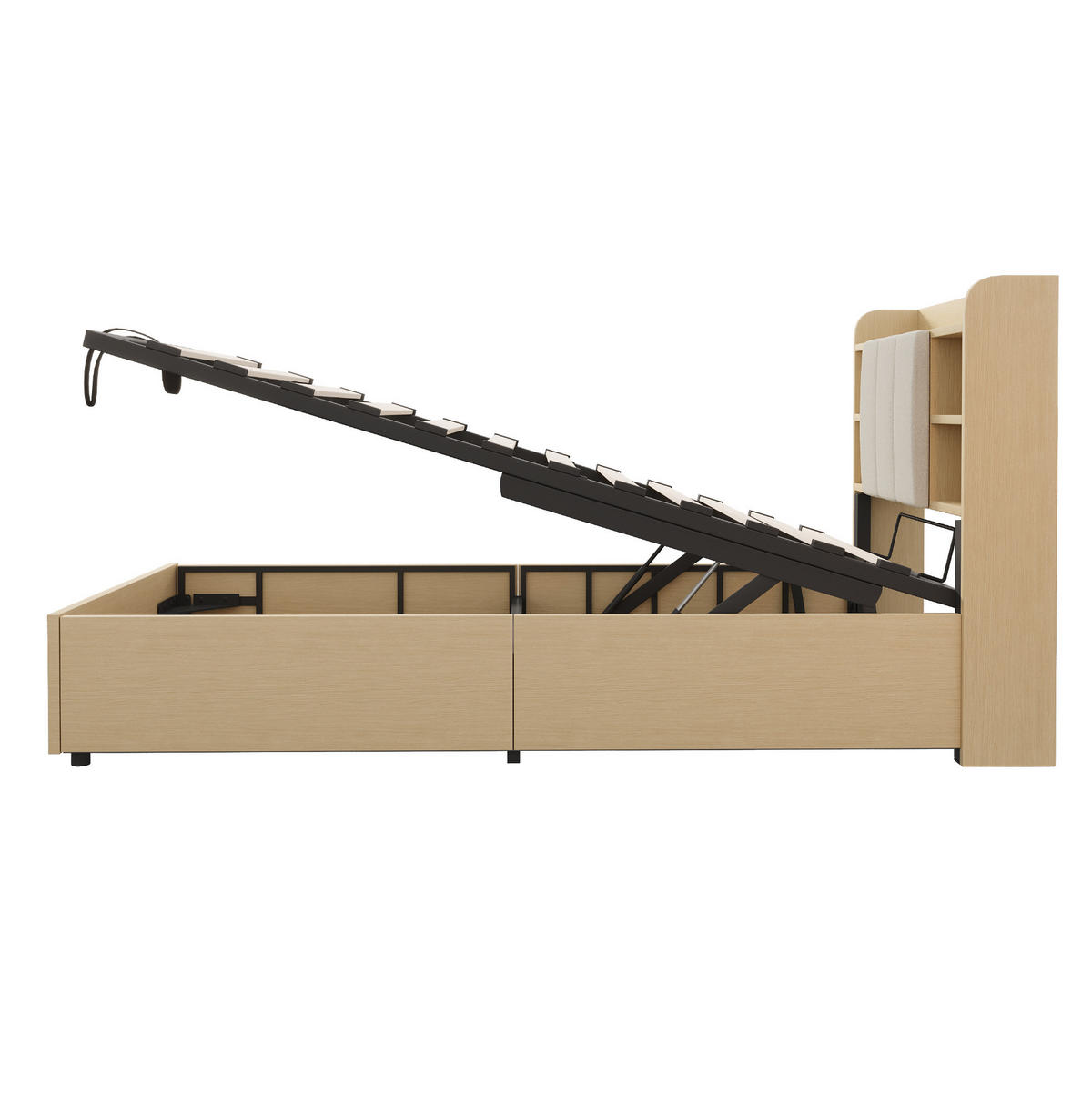 POSTEL s úložným prostorem 90/200 cm přírodní dřevo z MDF s hydraulickým úložným prostorem a USB-C - přírodní, kompozitní dřevo (90/200cm) - OKWISH