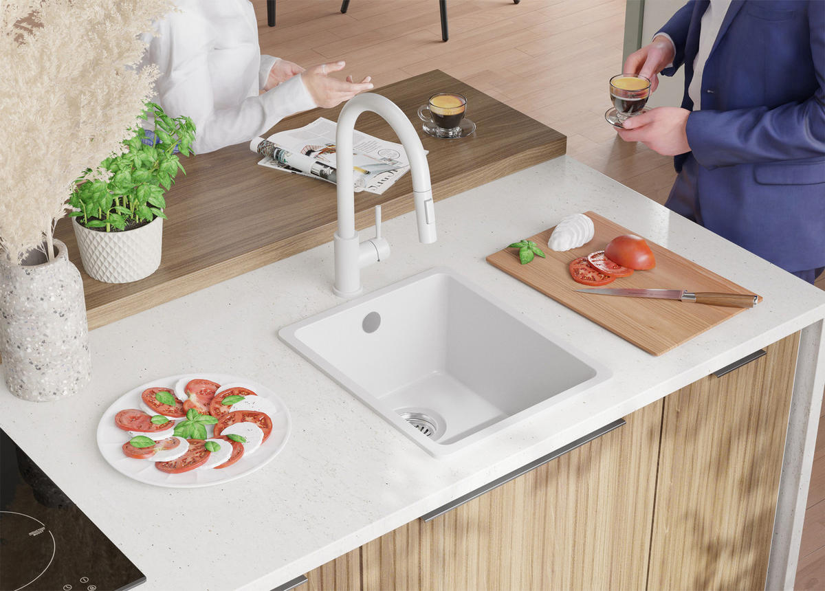 GRANITSPÜLE Venedig Slim Easy, 2-er set Weiß 36/44 cm 1 Becken + Küchenarmatur 40/20 cm + Ablauf-Set ab 40er Unterschrank - Chromfarben/Weiß, Kunststoff (36/20/44cm) - Primagran