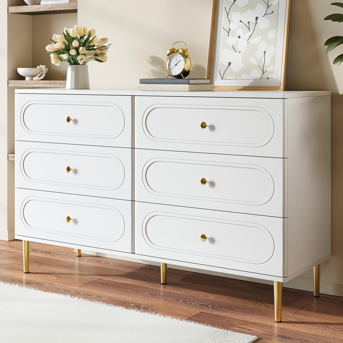 SIDEBOARD 120/40/75 cm in Weiß mit 6 Schubladen und Metallfüßen - Weiß, Holzwerkstoff (120/75/40cm) - CHICFURN
