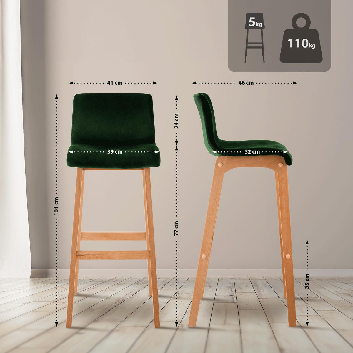 BARHOCKER Samt Grün - Eukalyptusholzfarben/Grün, Holz/Textil (41/101/46cm) - CLP