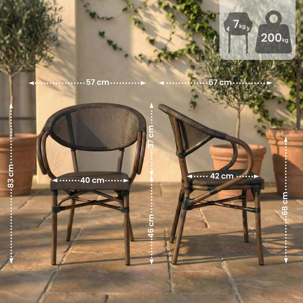 BISTROSTUHL Mia Stapelbar Französisch-Mediterran 57x57x83cm Stoff Coffee Gartenstuhl - Mokka, Kunststoff (57/83/57cm) - DELUKE