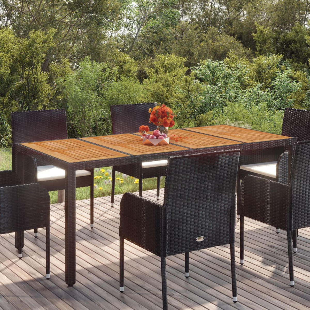 GARTENTISCH Mit Holzplatte Schwarz 190/90/75 Cm Poly Rattan - Schwarz, Kunststoff (90/190/75cm) - vidaXL