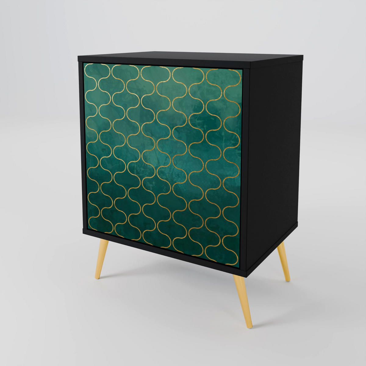 SIDEBOARD TESSELATED GREENERY, Schwarz, 57,5x42x70,5 cm, Schwarze Metall-Sternfüße - Multicolor/Schwarz, Holzwerkstoff/Metall (57.5/70.5/42cm) - SpaceRebels