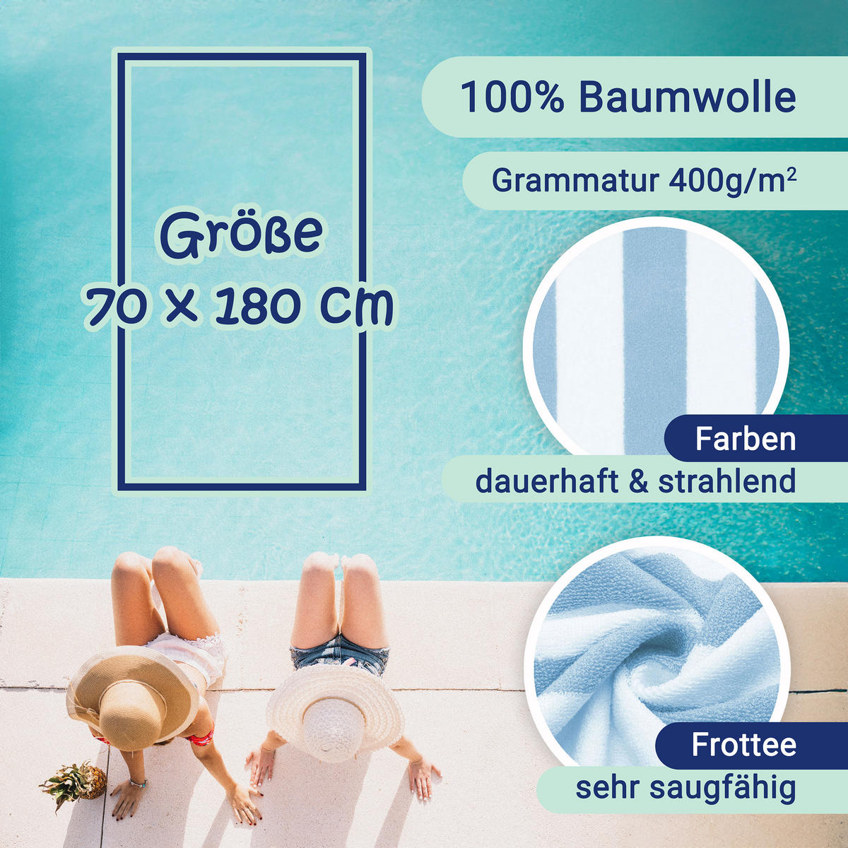 STRANDTUCH, 2er-Set, 70x180 cm, 100% Baumwolle, Blau - Hellblau, Textil (70/180cm) - Zollner