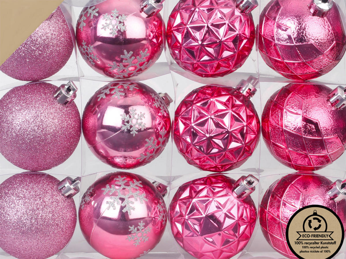 WEIHNACHTSORNAMENTE 12er-Set runde Ornamente hellrosa Mix 6 cm - Hellrosa, Kunststoff (6/6/6cm) - LAALU