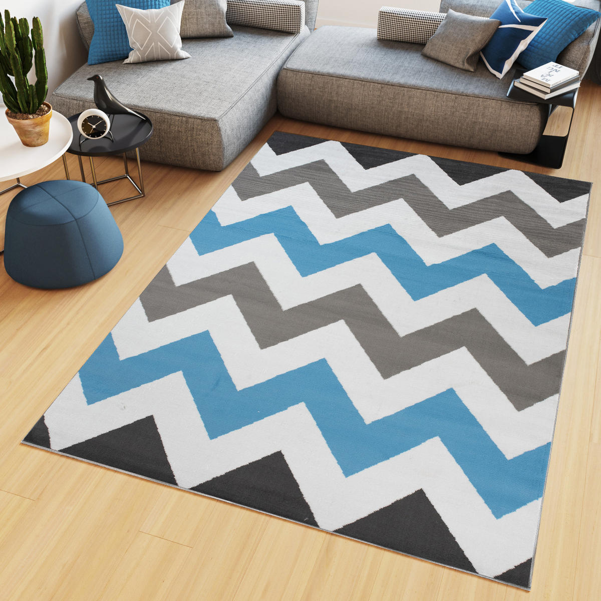 TEPPICH MAYA Blau Zig Zag Streifen 250/350 cm - Blau, Textil (250/350cm) - Tapiso