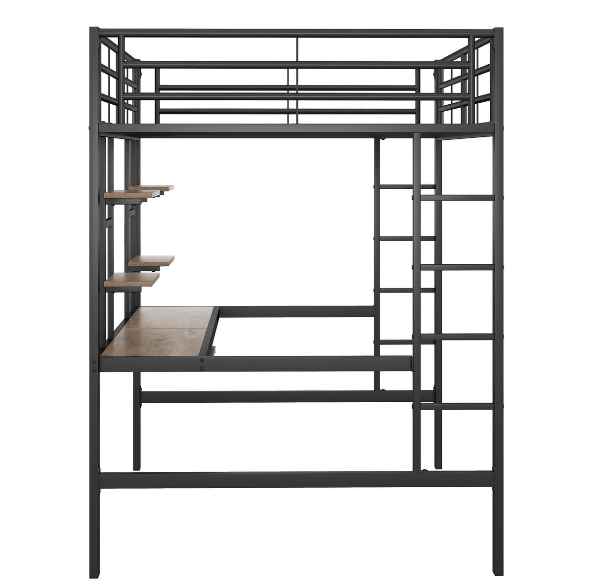 HOCHBETT aus Metall 140x200 cm Schwarz mit Schreibtisch, 2 Regalen und Leiter, platzsparend - Schwarz, Metall (140/200cm) - Modfu