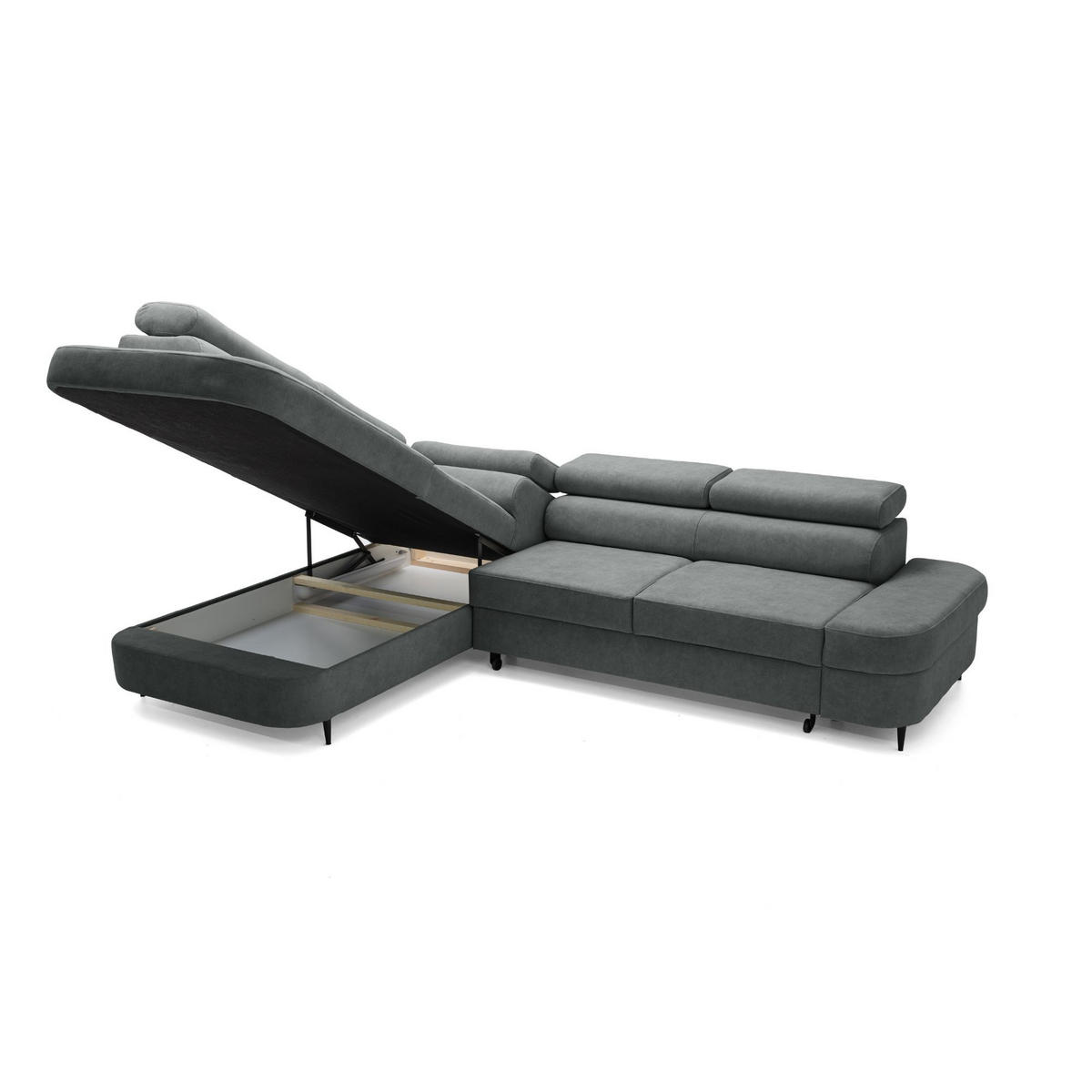 ECKSOFA PRIAM L Links mit Schlaffunktion 125x195 Velours Dunkelgrau - Dunkelgrau/Schwarz, Holz/Textil (203/275cm) - Muffo