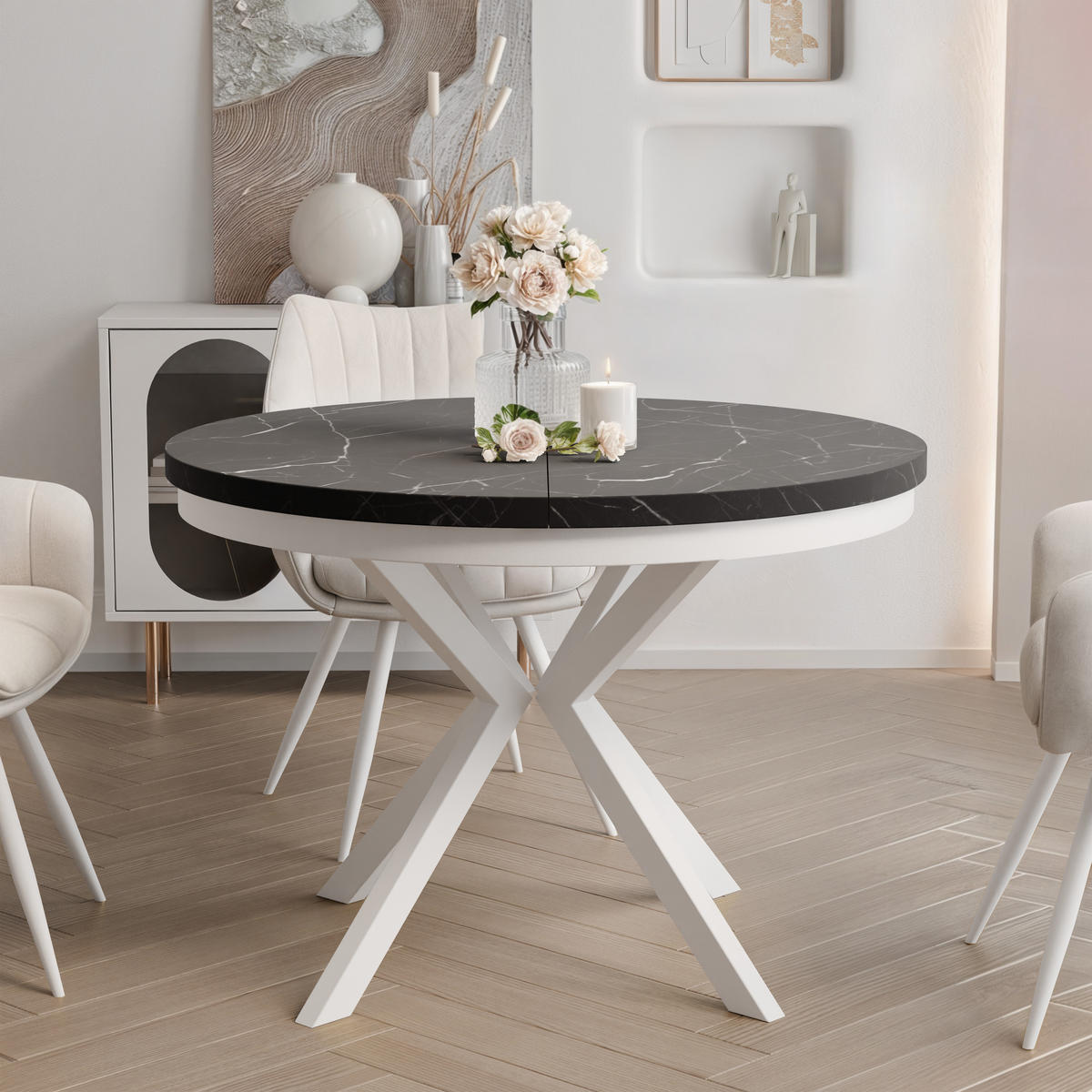 AUSZIEHTISCH MILTON 120-196/76 cm mit Metallgestell, Weiß / Grigia Pietra - Weiß/Grau, Holzwerkstoff/Metall (120/120/76cm) - Idohome