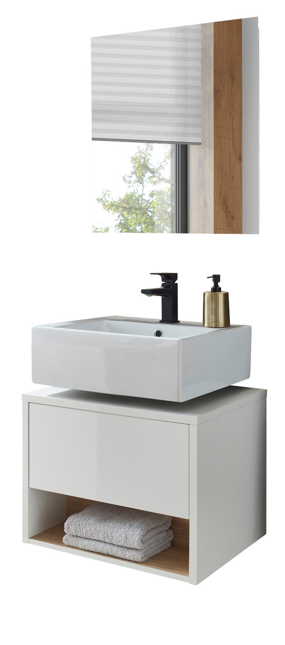 BADMÖBEL-SET 2-teilig weiß Hochglanz, Eiche mit LED Beleuchtung 60 cm Glide - Weiß Hochglanz/Eichefarben, Glas/Holzwerkstoff (60/190/46cm) - Furn.Design