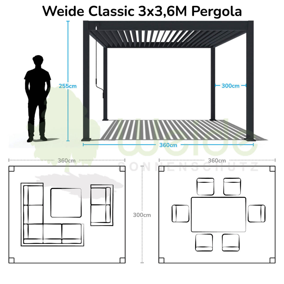 PERGOLA Classic Pavillon Terrassenüberdachung Aluminium 3 x 3,6 m weiß - Weiß, Metall (300/255/360cm) - WEIDE
