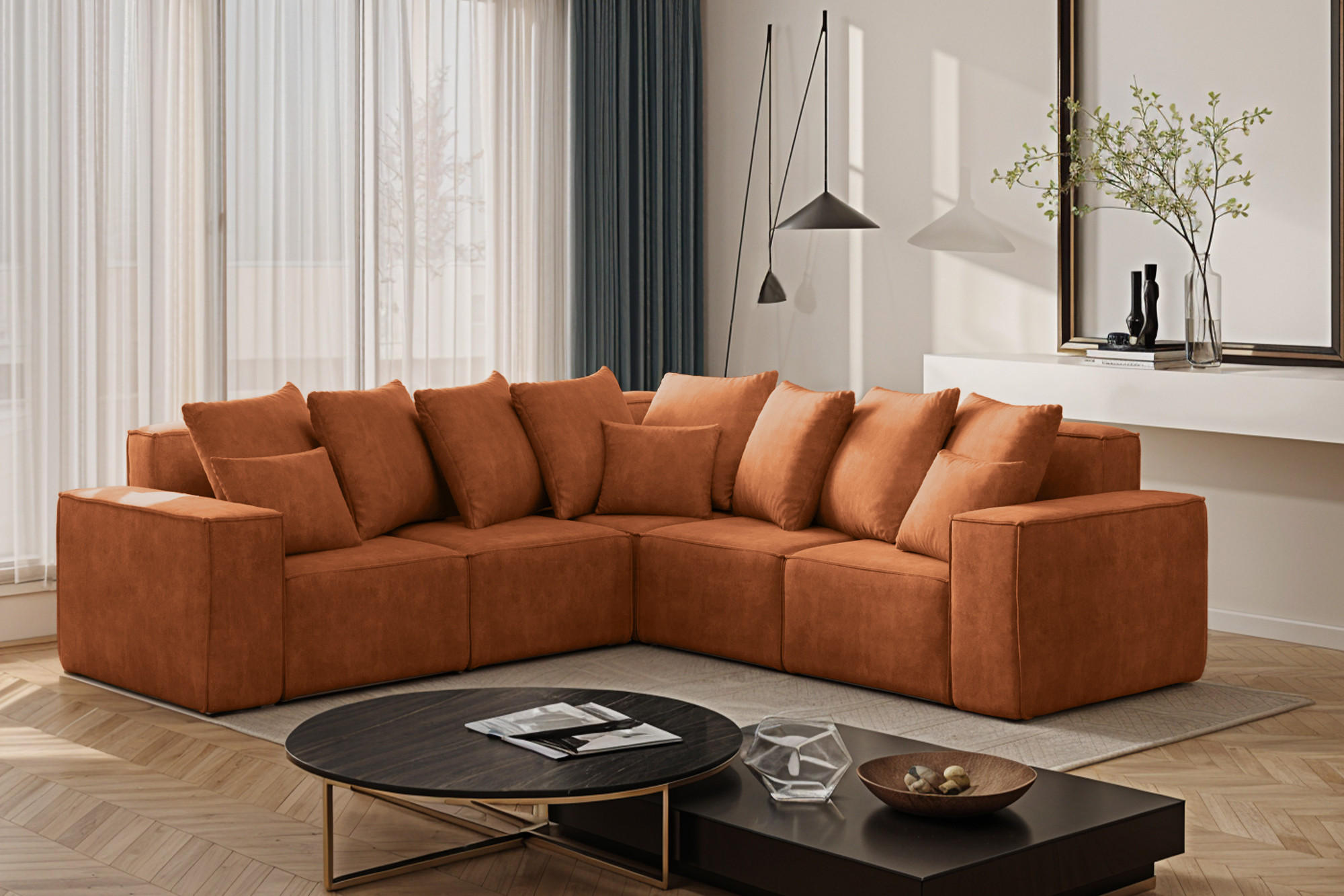 ECKSOFA Corner Ella Stoff Noel Velours Orange - Orange, Holz/Textil (246/246cm) - Kaiser Möbel