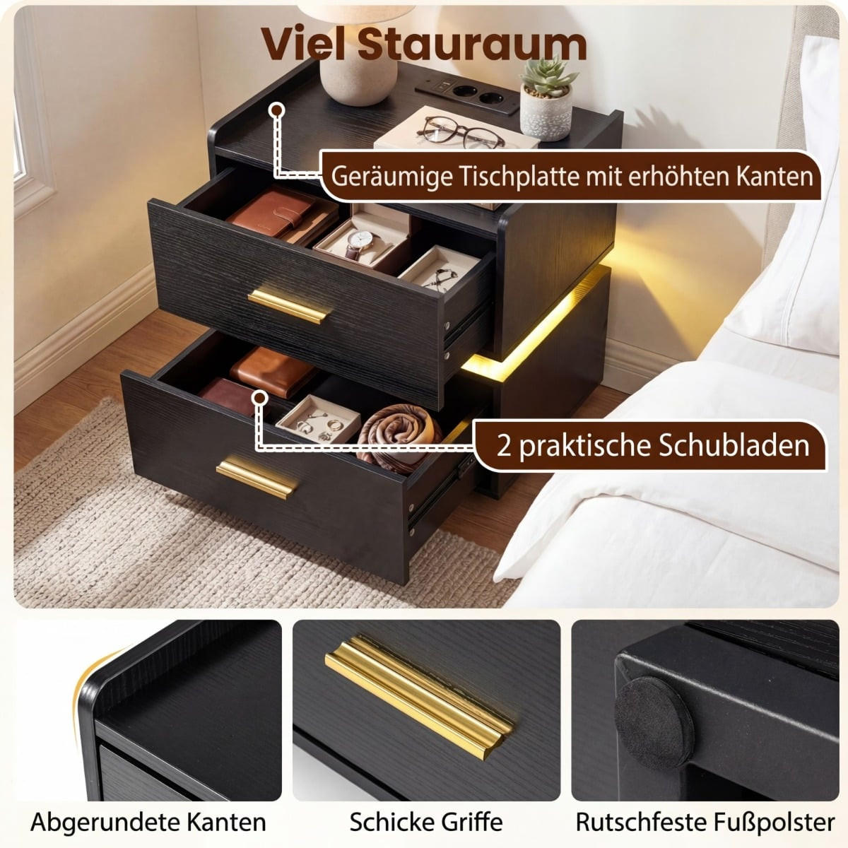 NACHTTISCH mit LED-Ladestation, 2 Schubladen, modern halb-schwebend, Schwarz - Schwarz, Holzwerkstoff/Metall (45/48/40cm) - DESIGN IN