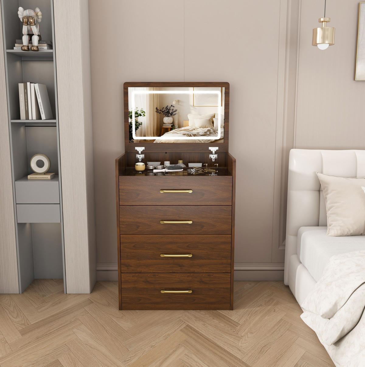 SCHMINKTISCH aus MDF 40x60x118 cm Walnussfarben mit klappbarem Spiegel, Stauraum und Hocker - Weiß, Holzwerkstoff (60/118/40cm) - Modfu