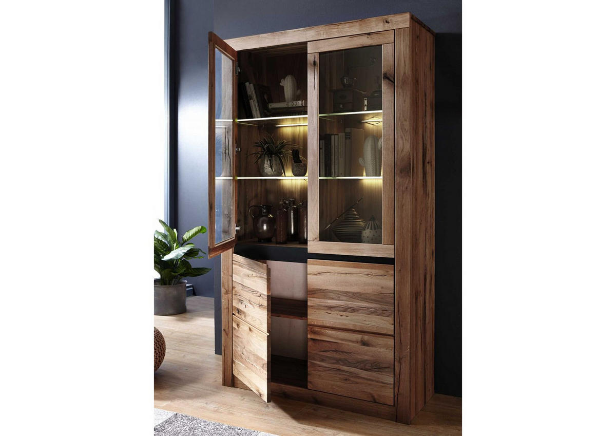 VITRINE Wild-/Zerreiche 105x42x190 Tabacco brown geölt MONTREUX #301 - Braun, Holz (105/190/42cm) - Massivmoebel24