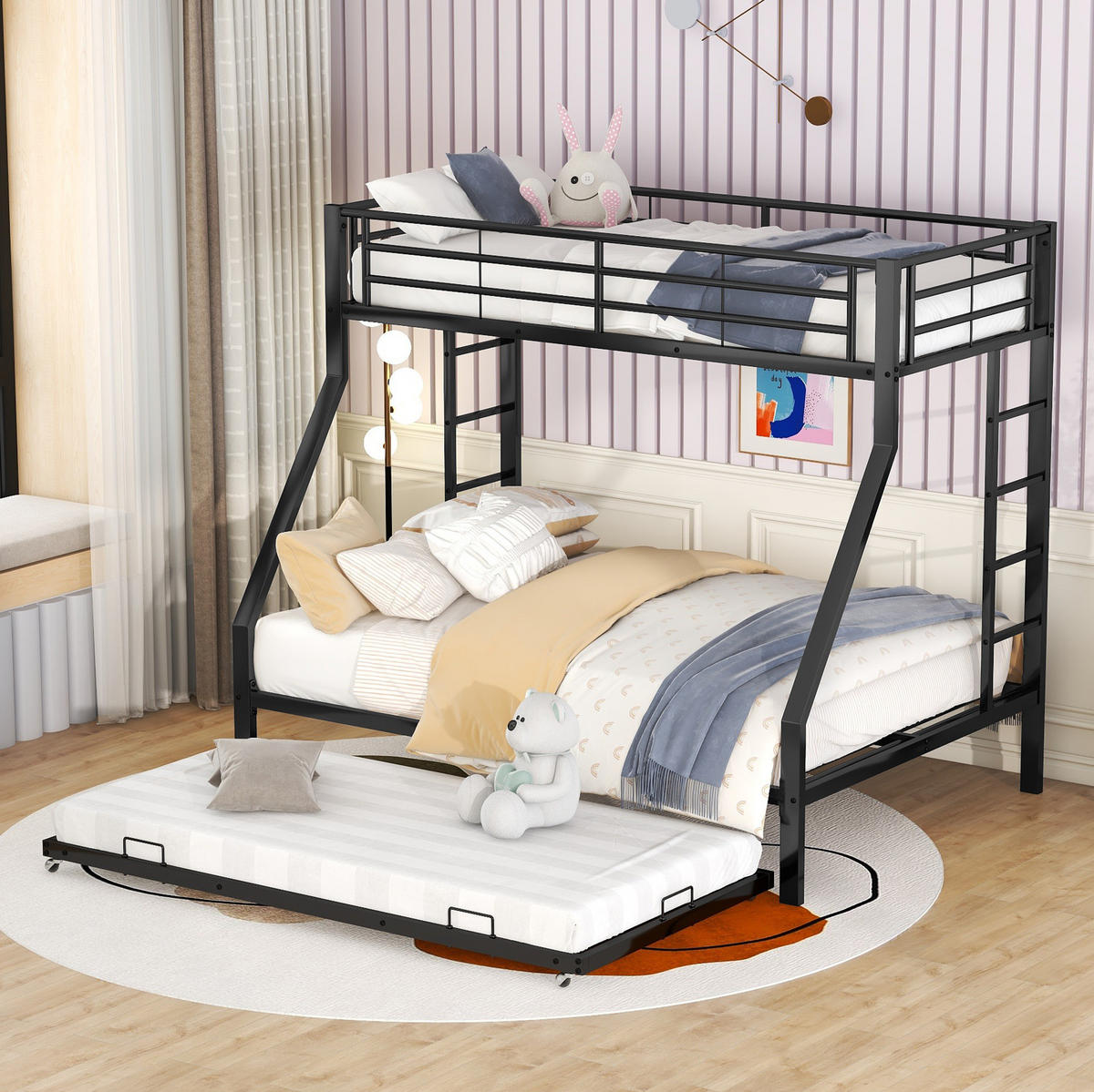 ETAGENBETT 90/140 x 200 cm aus Metall mit Ausziehbett und Leitern beidseitig - Schwarz, Metall (90/190cm) - Flora Grace