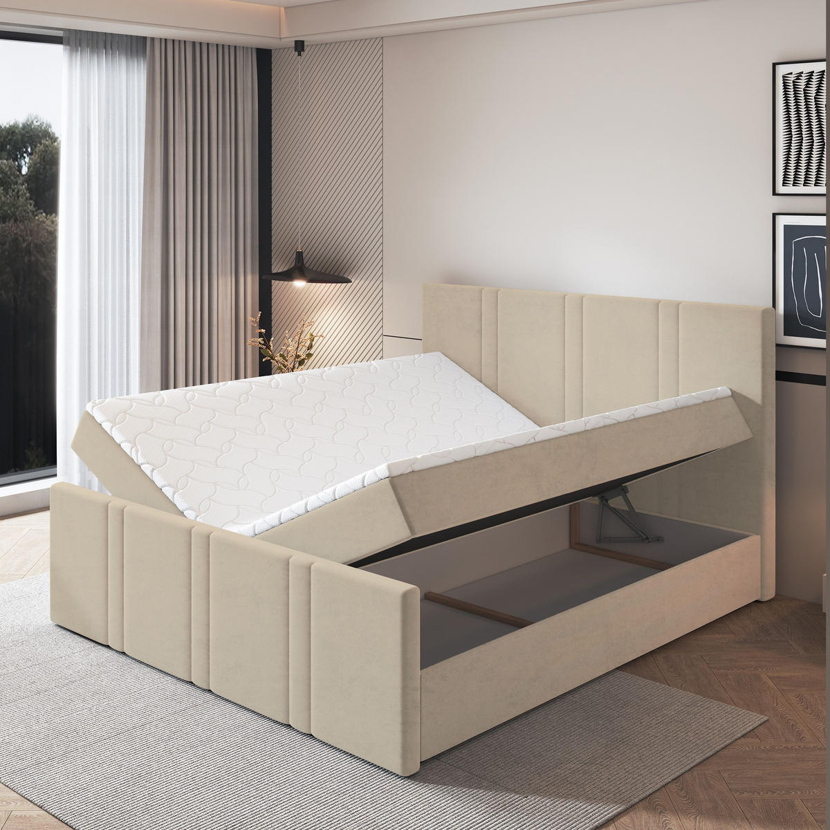 BOXBETT COMOZA 200x200 cm mit Matratze und Topper, H2+H3 - Beige - Beige, Holz (200/200cm) - MASSENO