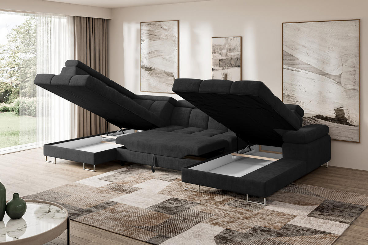 WOHNLANDSCHAFT mit Schlaffunktion und Bettkasten Ottomane Links COMA U 345x203x79 Schwarz Velours - Schwarz, Holzwerkstoff/Textil (345/79/203cm) - ALTDECOR