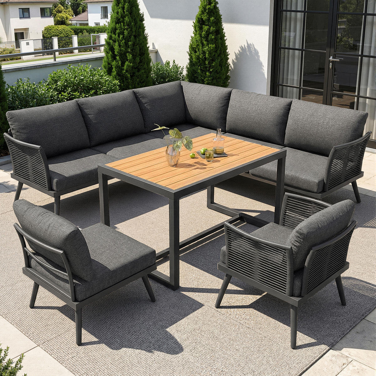 GARTENLOUNGE-SET 237/65/79 cm modular mit Couchtisch, WPC-Tischplatte und Polstern, Eisen, Grau - Grau, Metall - Redom