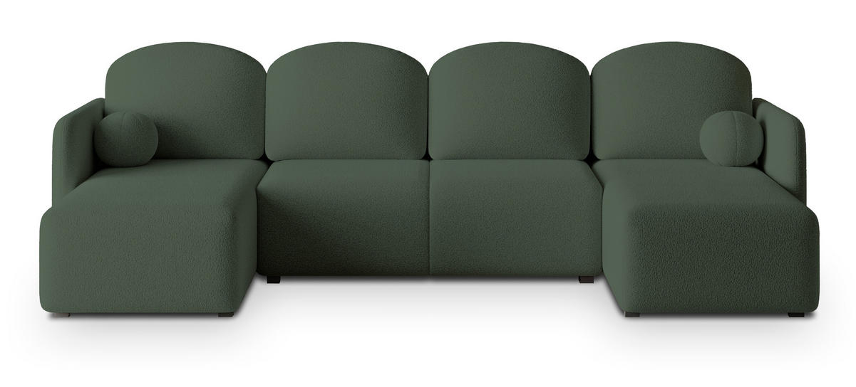 WOHNLANDSCHAFT NUBERO Grün Boucle-Stoff mit Schlaffunktion - Grün, Holz (285/85/143cm) - MASSENO