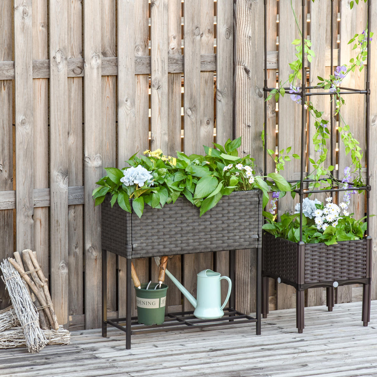 POLY Rattan, Hochbeet, Braun - Braun, Metall (30/70/70cm) - Outsunny