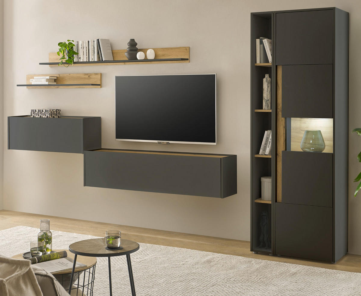 WOHNWAND mit Sekretär grau matt, Eiche Wotan 340 cm, Wohnkombination 6-teilig - Eiche Wotan/Grau, Holzwerkstoff/Kunststoff (340/200/40cm) - Furn.Design