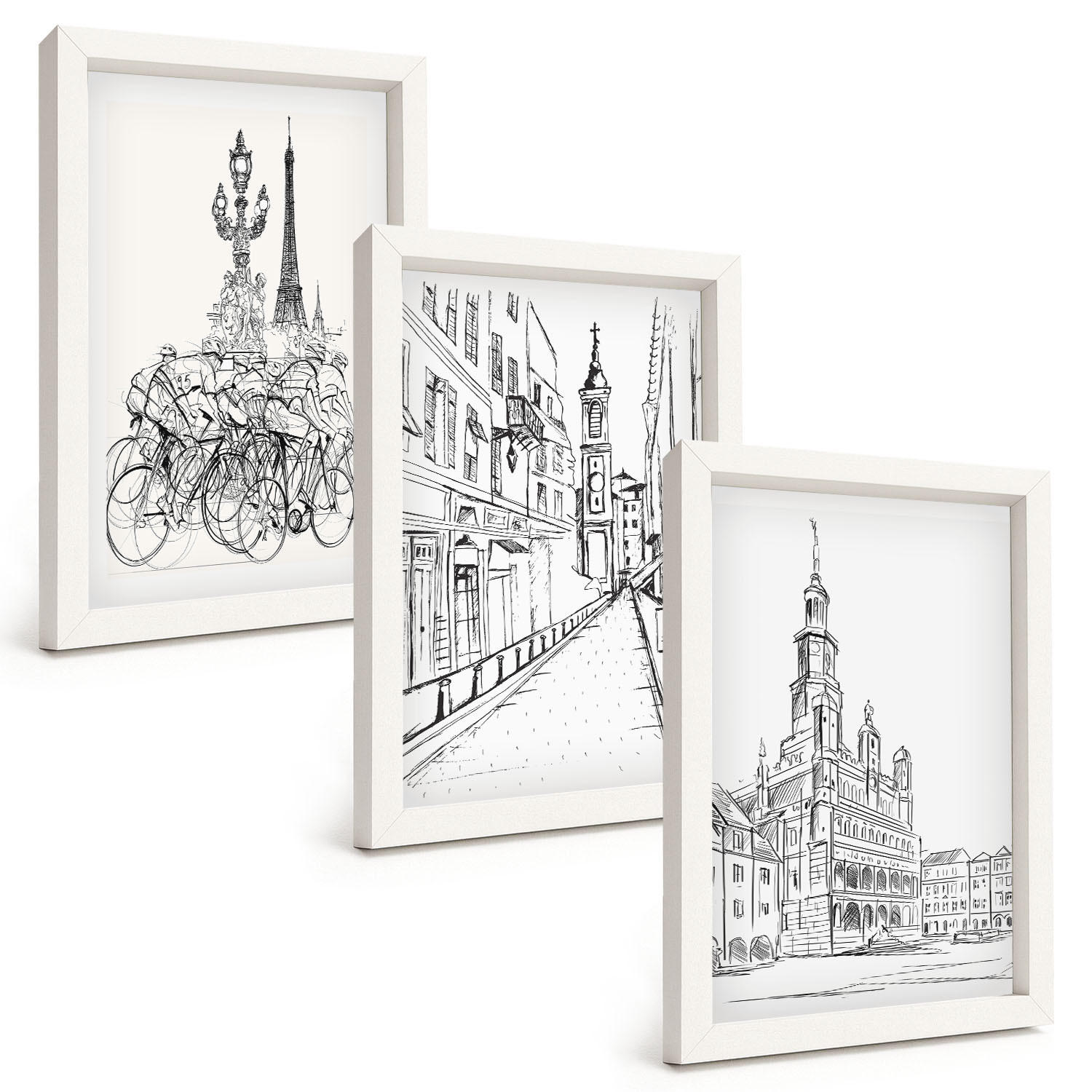 BILDER SET 3er Set - 20x30 cm Weißer Rahmen - Einfache Zeichnungen von Stadtlandschaften - Weiß, Kunststoff (20/30cm) - TULUP