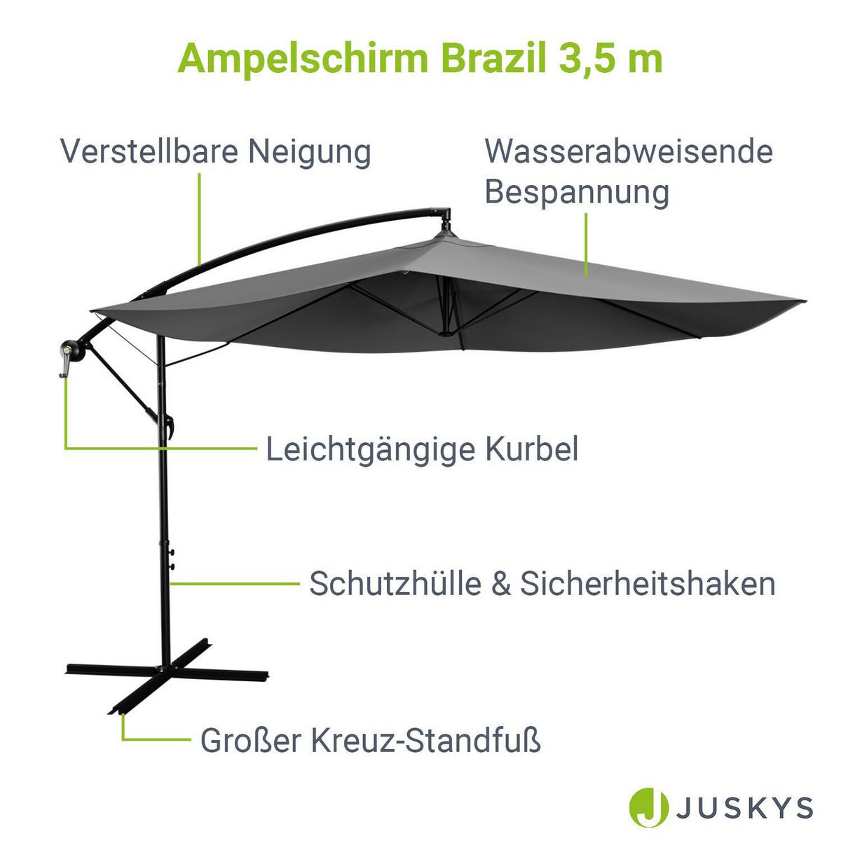 AMPELSCHIRM Brazil dunkelgrau 3,5m mit Kurbel und Standfuß - Dunkelgrau, Metall (330/330cm) - Juskys
