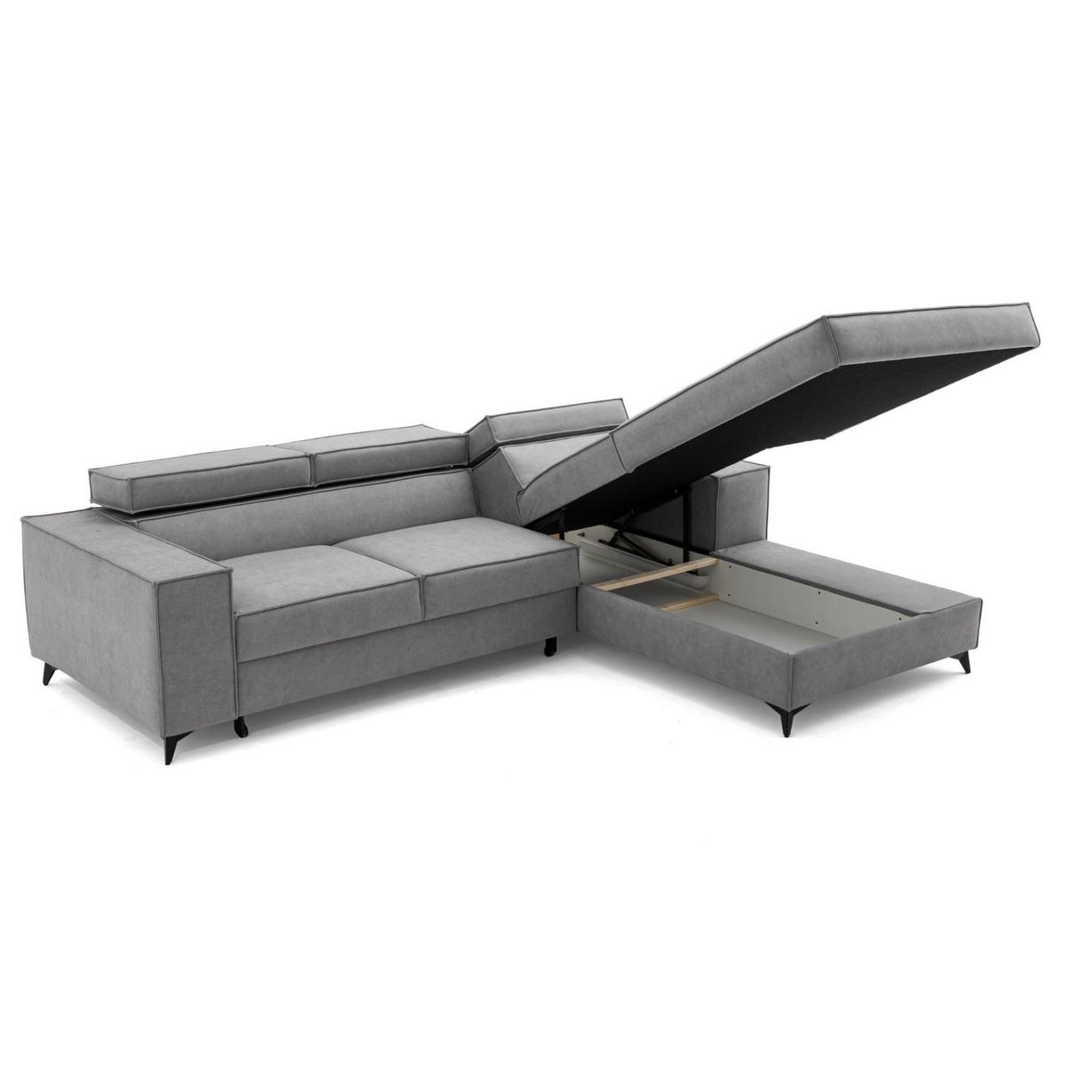 ECKSOFA PURE S Rechts mit Schlaffunktion 127x215 Velours Hellgrau - Hellgrau/Schwarz, Holz/Textil (204/281cm) - Muffo