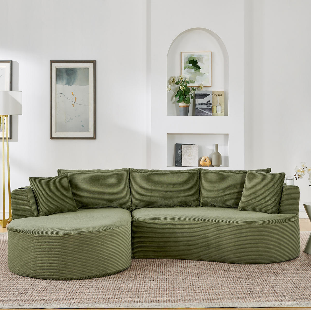 3-SITZER-SOFA mit Getränkehaltern, Kissen und bogenförmigem Design aus Kordstoff und Schaumstoff, Grün - Grün, Kunststoff (264/76/168cm) - Redom