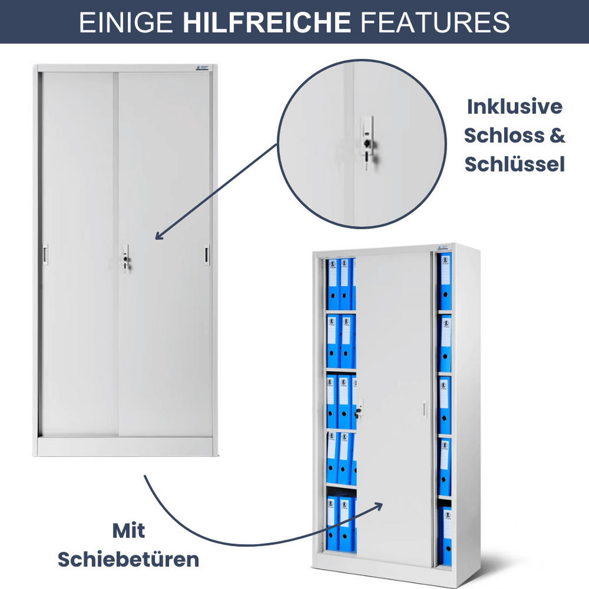 AKTENSCHRANK abschließbar ROLF mit Schiebetüren 185x90x40cm Grau - Grau, Metall (90/185/40cm) - DELUKE