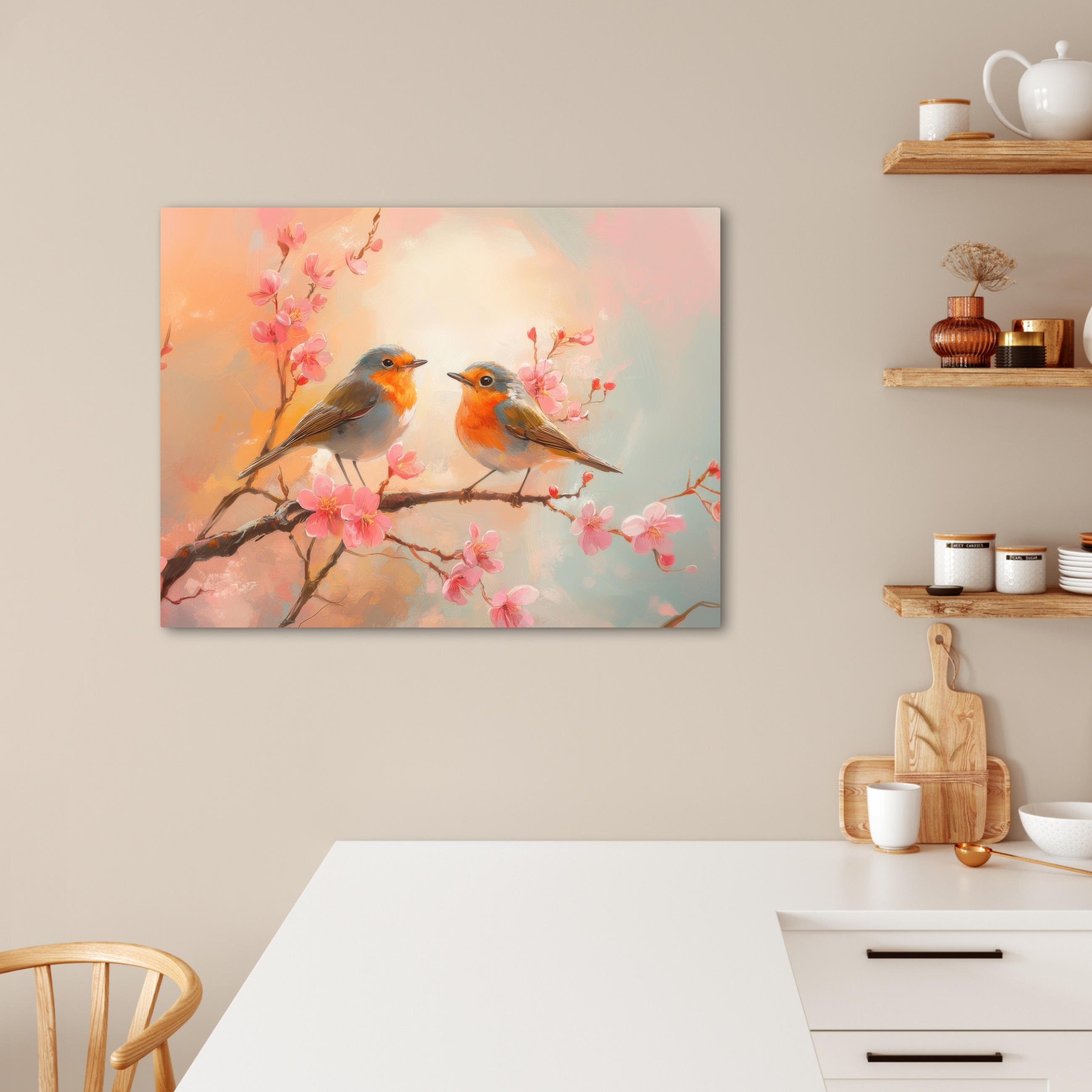 LEINWANDBILD Rotkehlchen - Zierpflanze - Blütenzweig Wandbilder 80x60 cm - Hellrosa, Textil (80/60cm) - MuchoWow