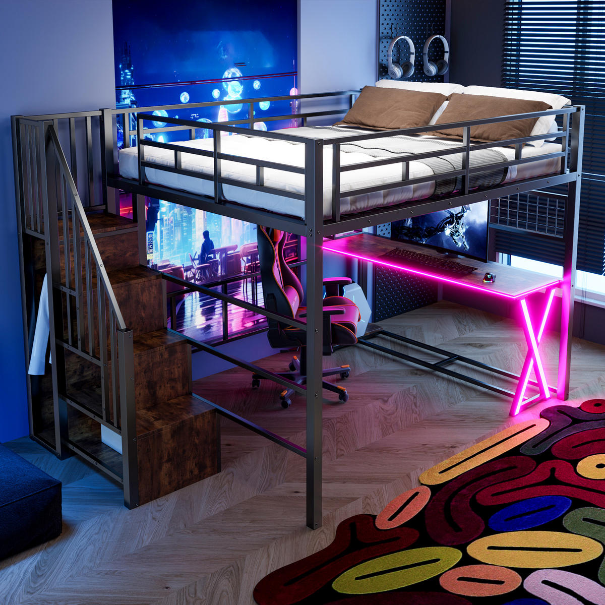 HOCHBETT 160/200 cm mit LED, Schreibtisch und Kleiderschrank, DE-04920, in Schwarz - Schwarz, Metall (160/200cm) - ComfortXL