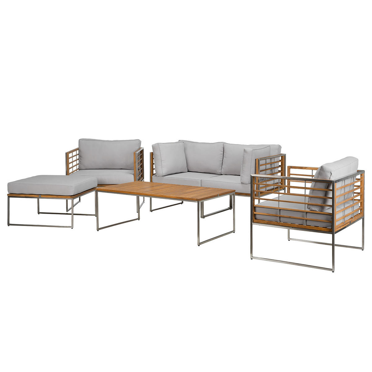 LOUNGEGRUPPE - 6-teilig - Webstoff / Teak massiv - Hellgrau, Holz/Textil - home24
