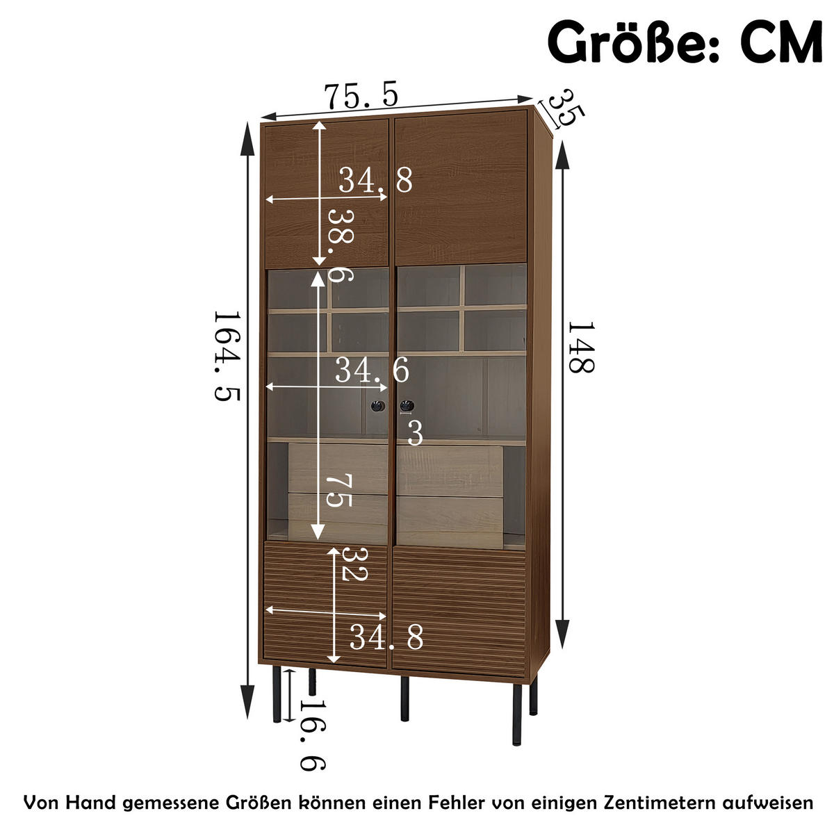 VITRINE 75.5x35x164.5cm in Holz mit Glasfront & Schubladen - Walnussfarben, Holzwerkstoff (75.5/164.5/35cm) - Modfu