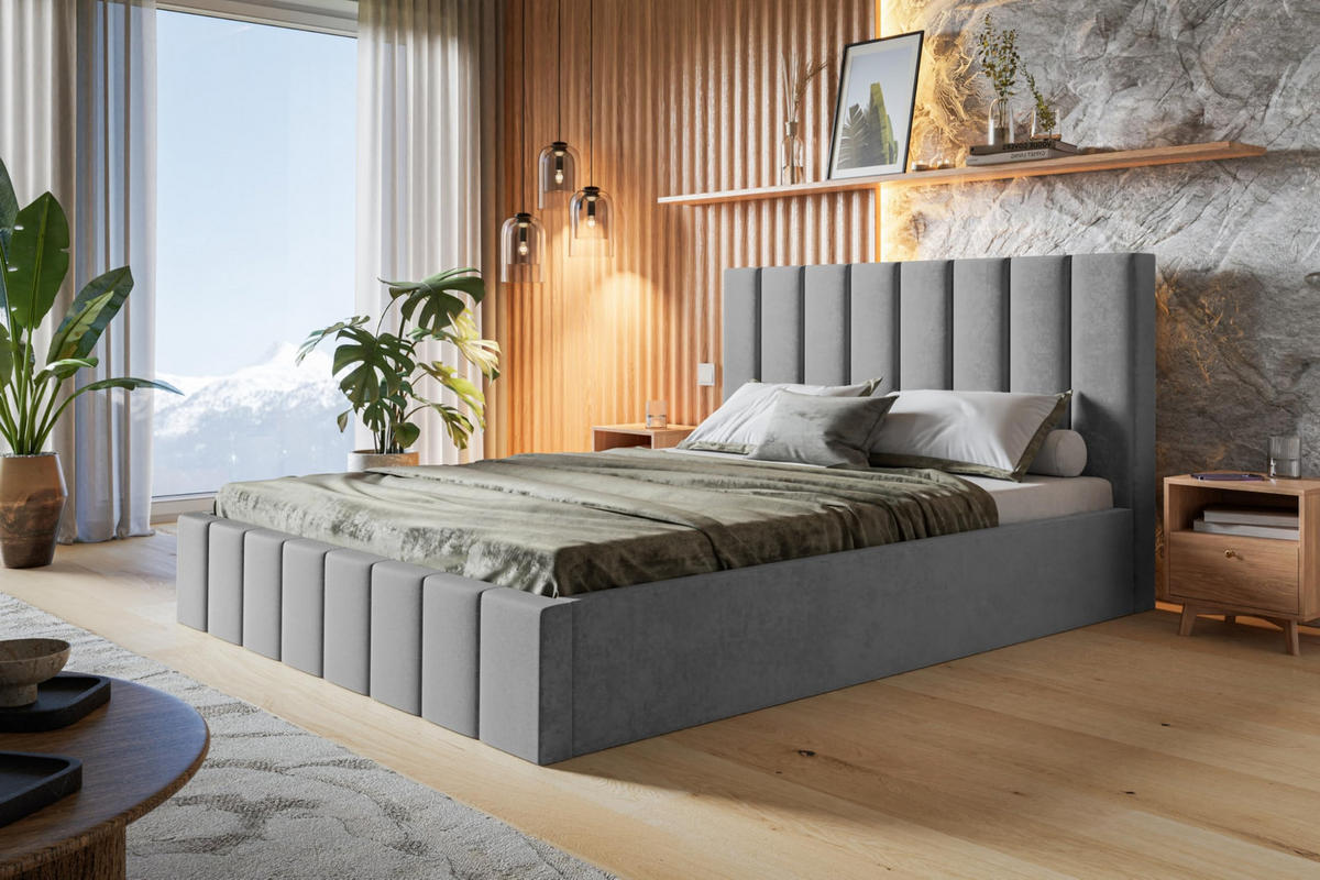 BETT 140x200 - Polsterbett mit Bettkasten und Holzrahmen - Modern Betten - Weicher Jasminstoff - Kollektion Toledo - Grau - Grau, Holz/Textil (140/200cm) - Alpi-Möbel